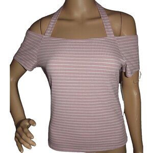Almost Famous Top Jr Medium Pink White Striped Ribbed Off Shoulder Halter shirt